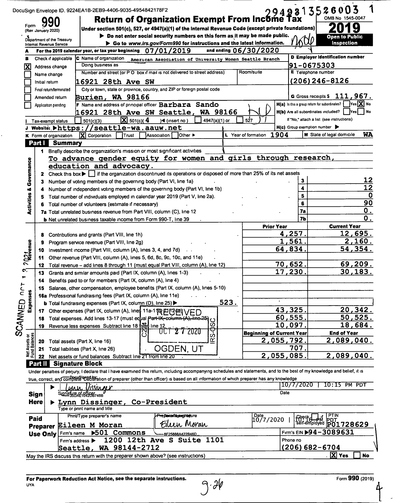 Image of first page of 2019 Form 990O for American Association of University Women Seattle