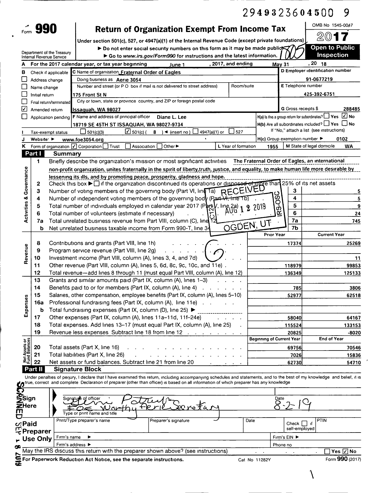 Image of first page of 2017 Form 990O for Fraternal Order of Eagles / Foe 3054