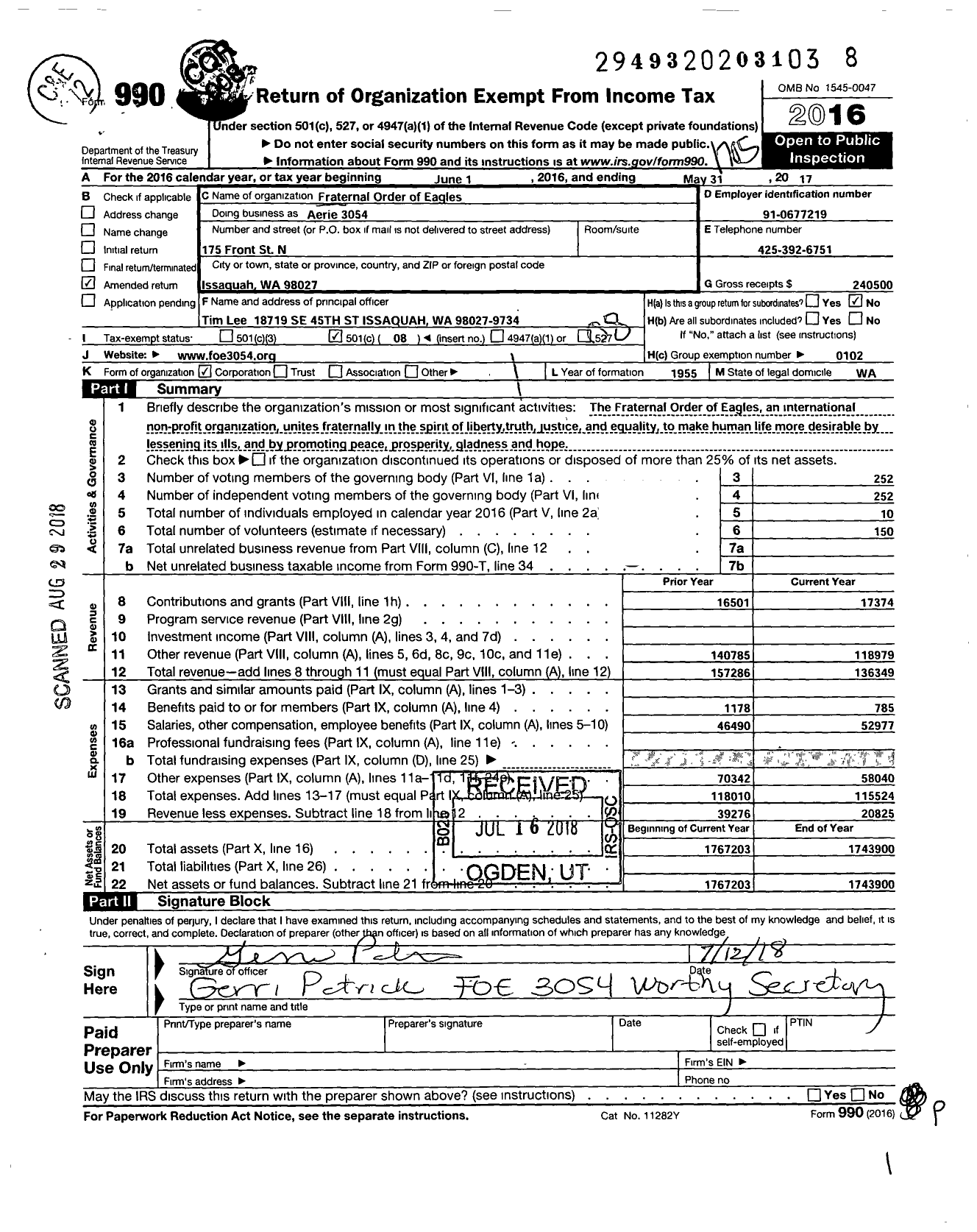 Image of first page of 2016 Form 990O for Fraternal Order of Eagles / Foe 3054