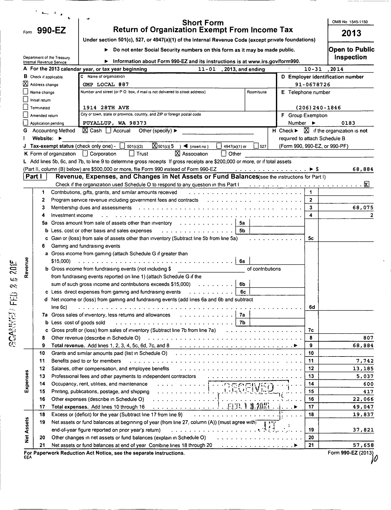 Image of first page of 2013 Form 990EO for United Steelworkers - 87M Local