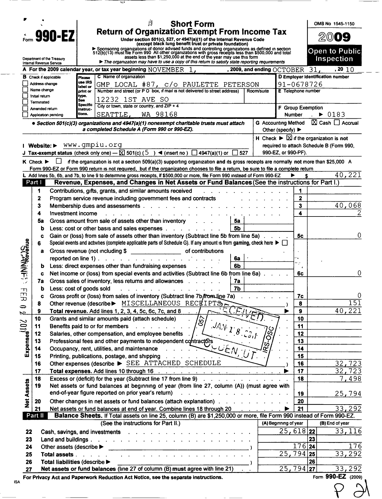 Image of first page of 2009 Form 990EO for United Steelworkers - 87M Local