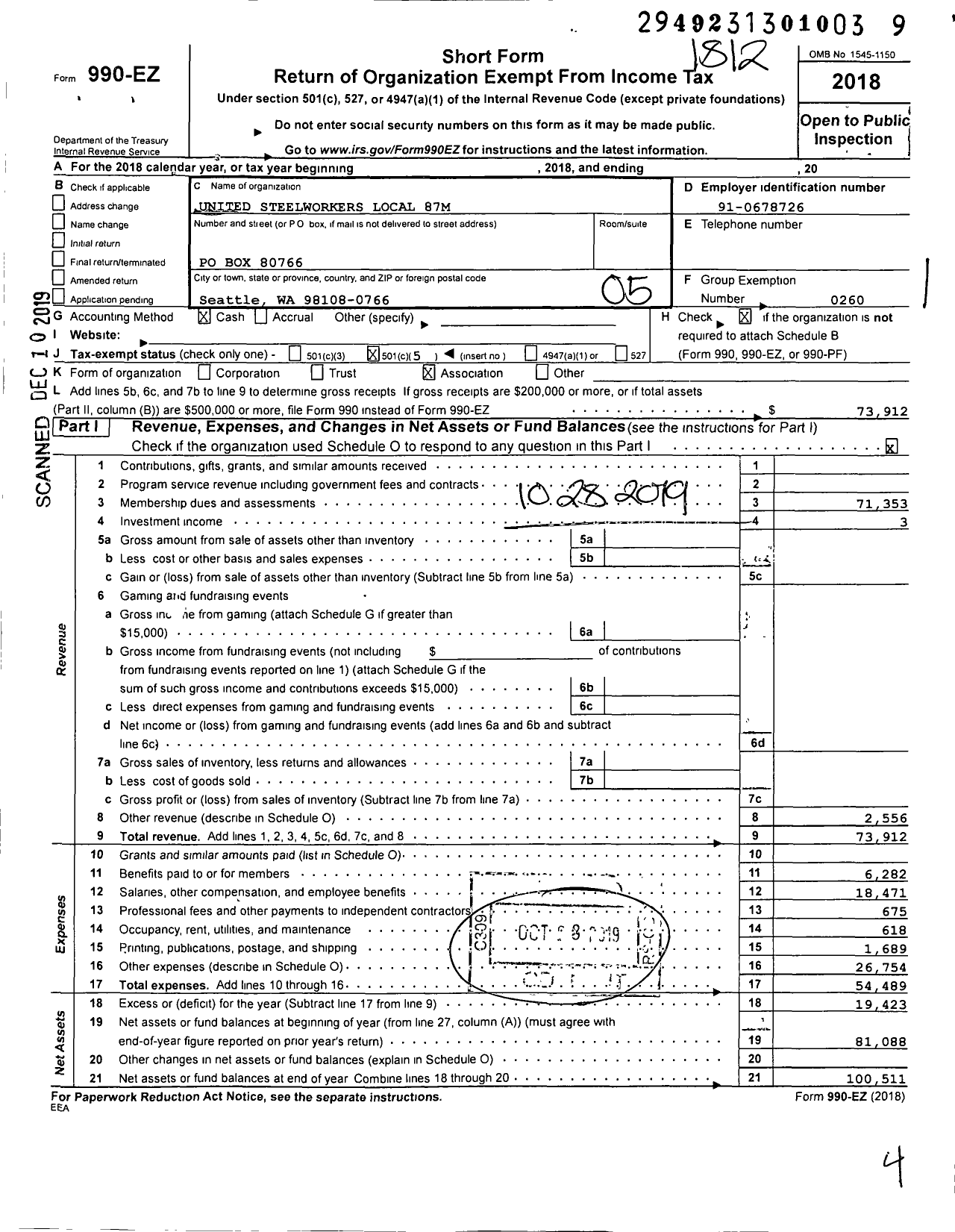 Image of first page of 2018 Form 990EO for United Steelworkers - 87M Local