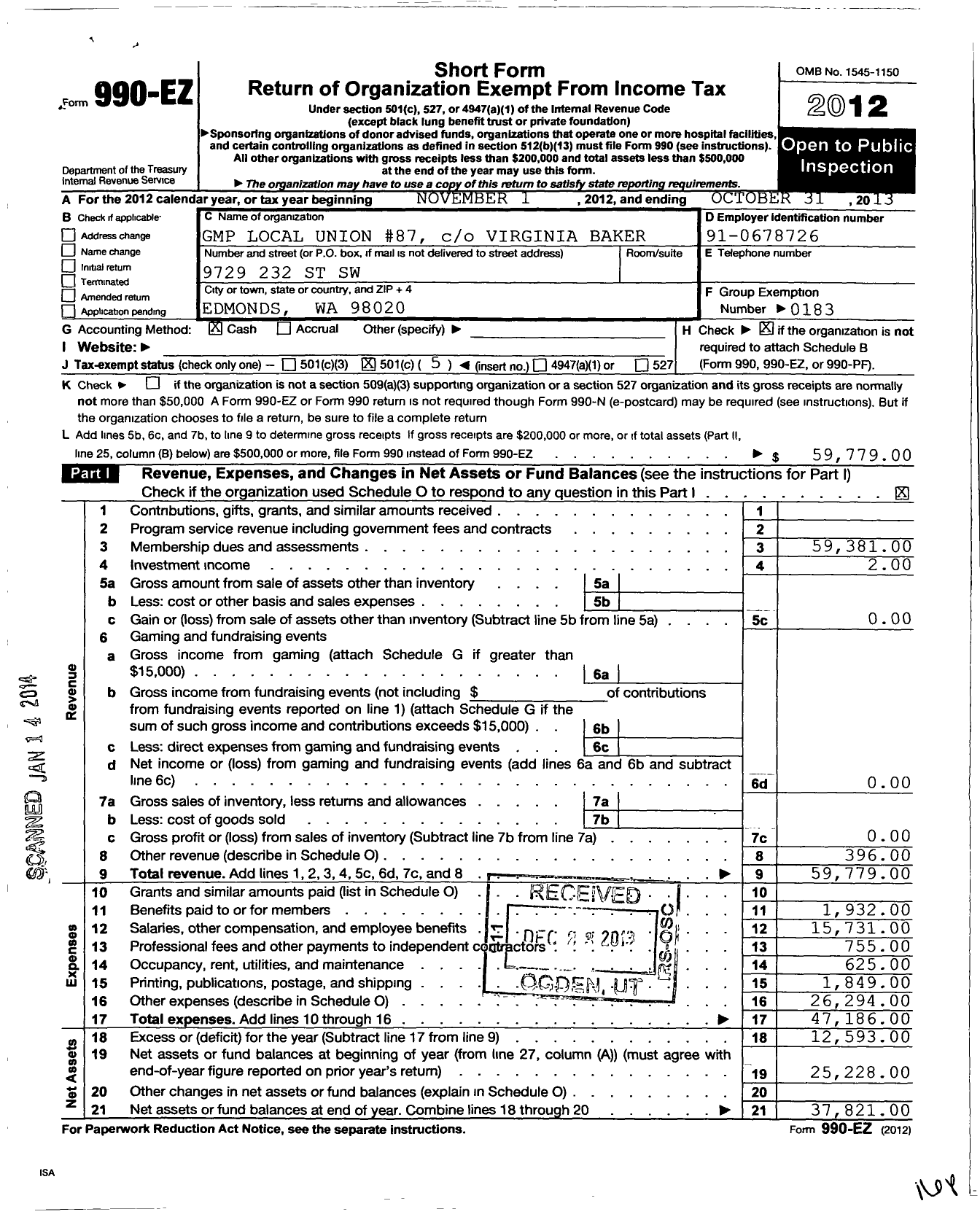 Image of first page of 2012 Form 990EO for United Steelworkers - 87M Local
