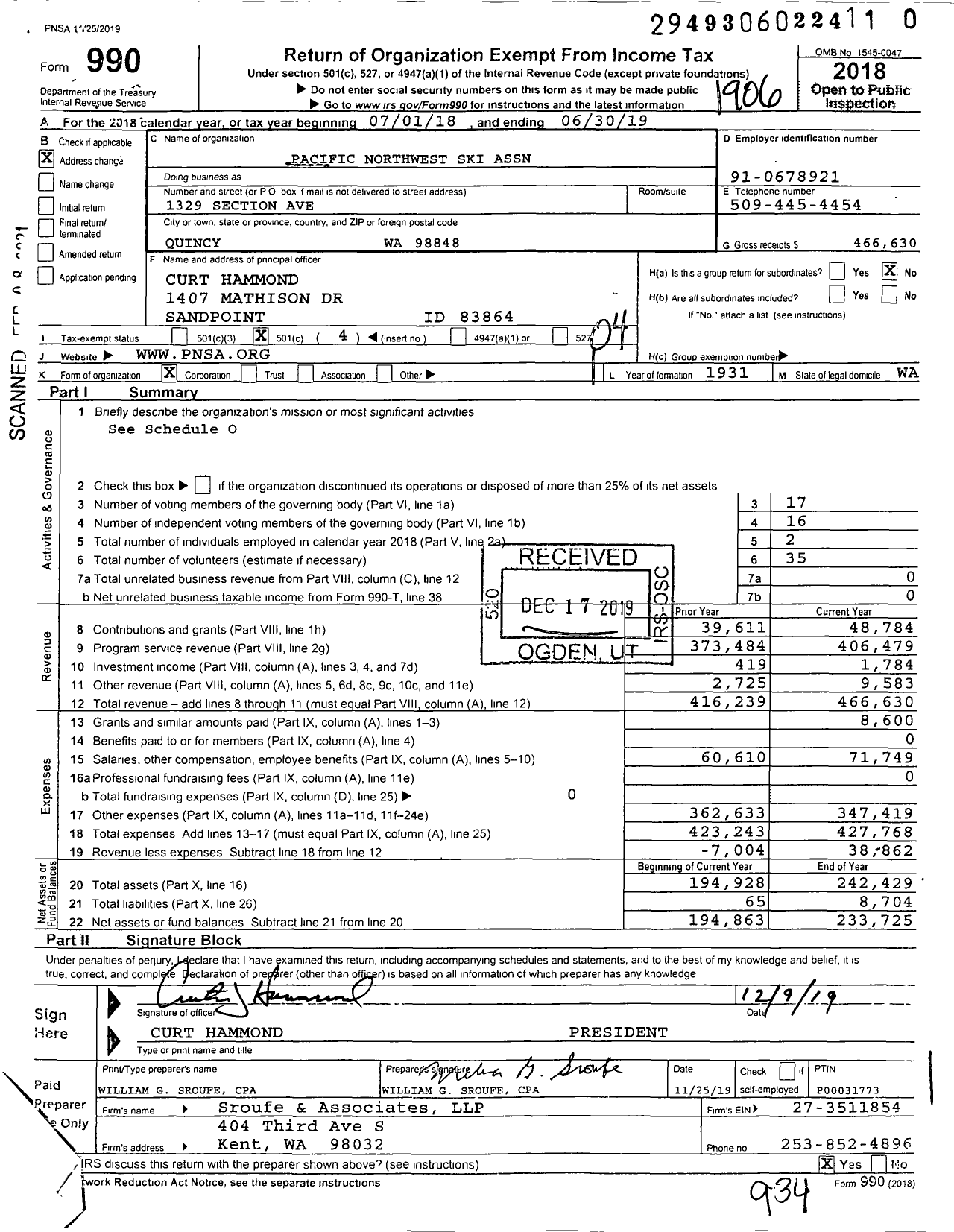 Image of first page of 2018 Form 990O for Pacific Northwest Ski Association