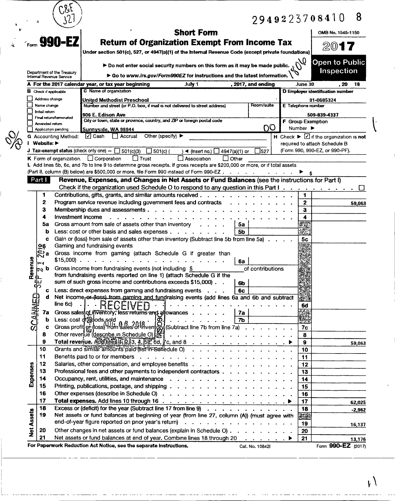 Image of first page of 2017 Form 990EO for United Methodist Preschool
