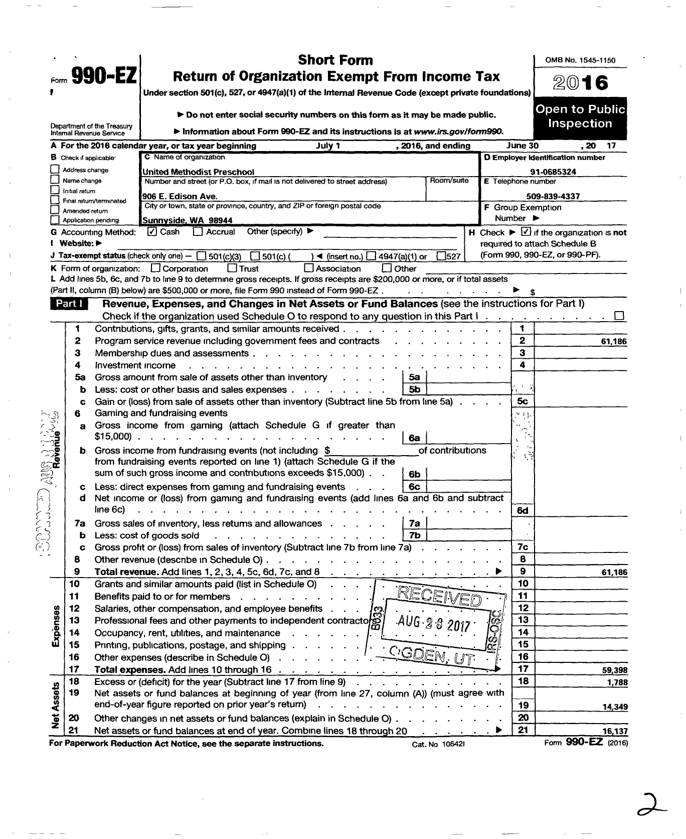 Image of first page of 2016 Form 990EO for United Methodist Preschool