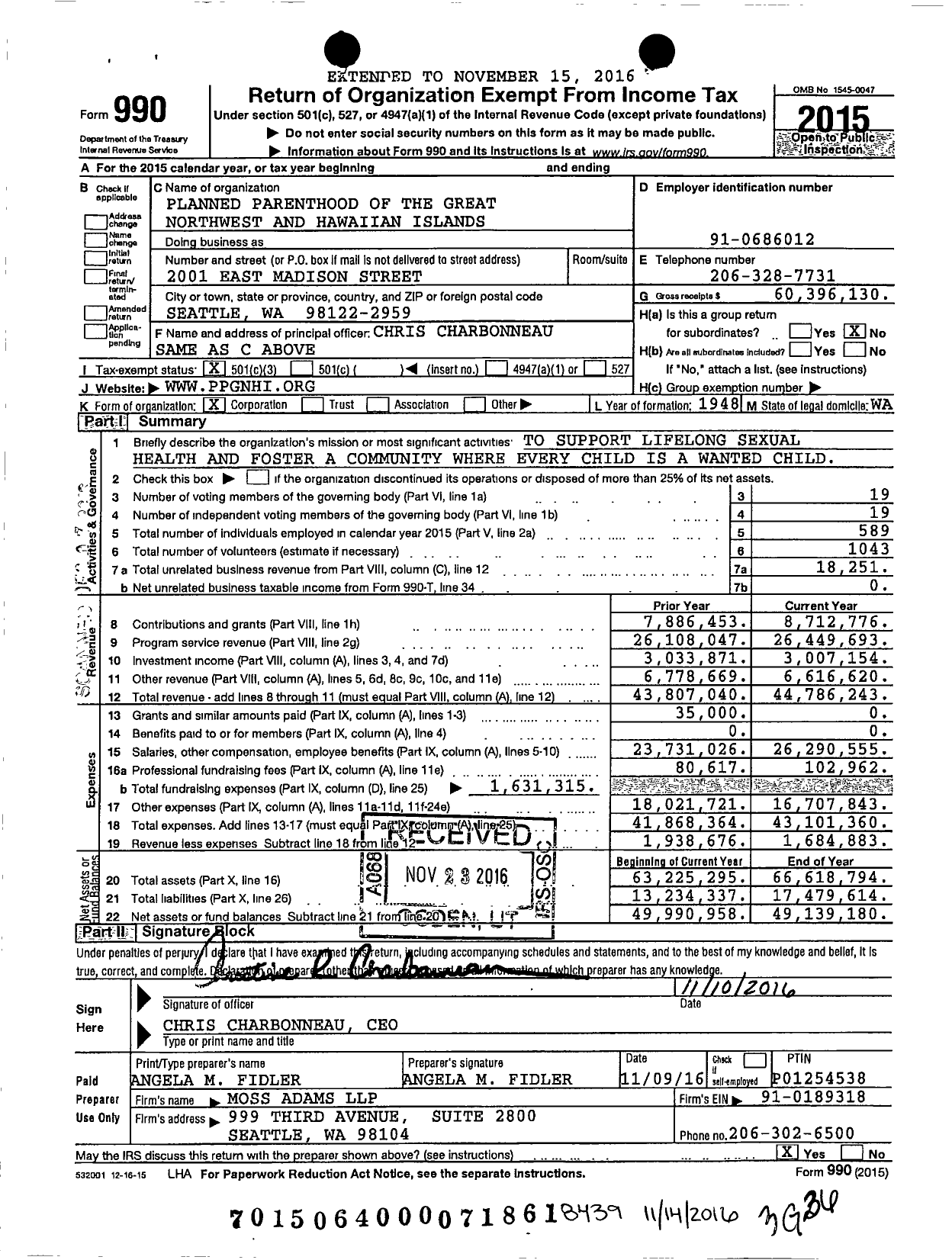 Image of first page of 2015 Form 990 for Planned Parenthood of the Great Northwest Hawaii Alaska Indiana Ky