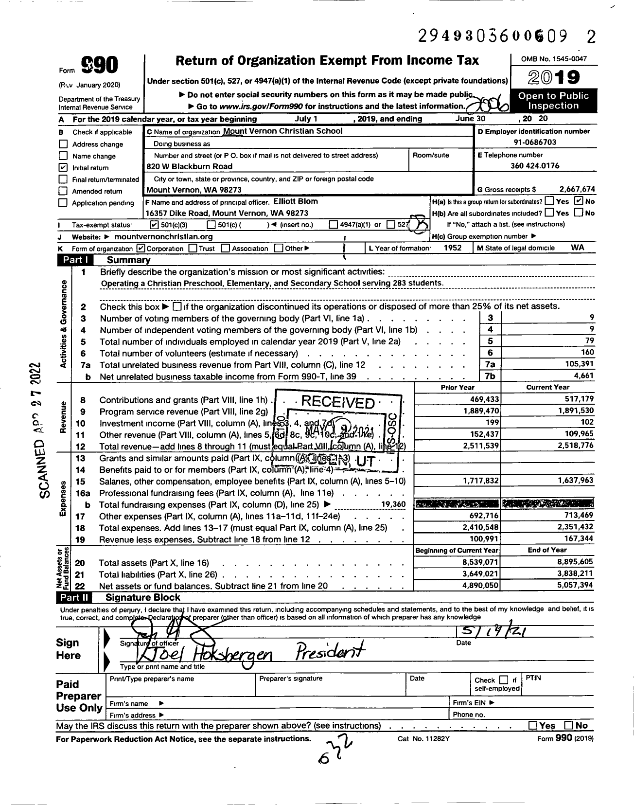 Image of first page of 2019 Form 990 for Mount Vernon Christian School