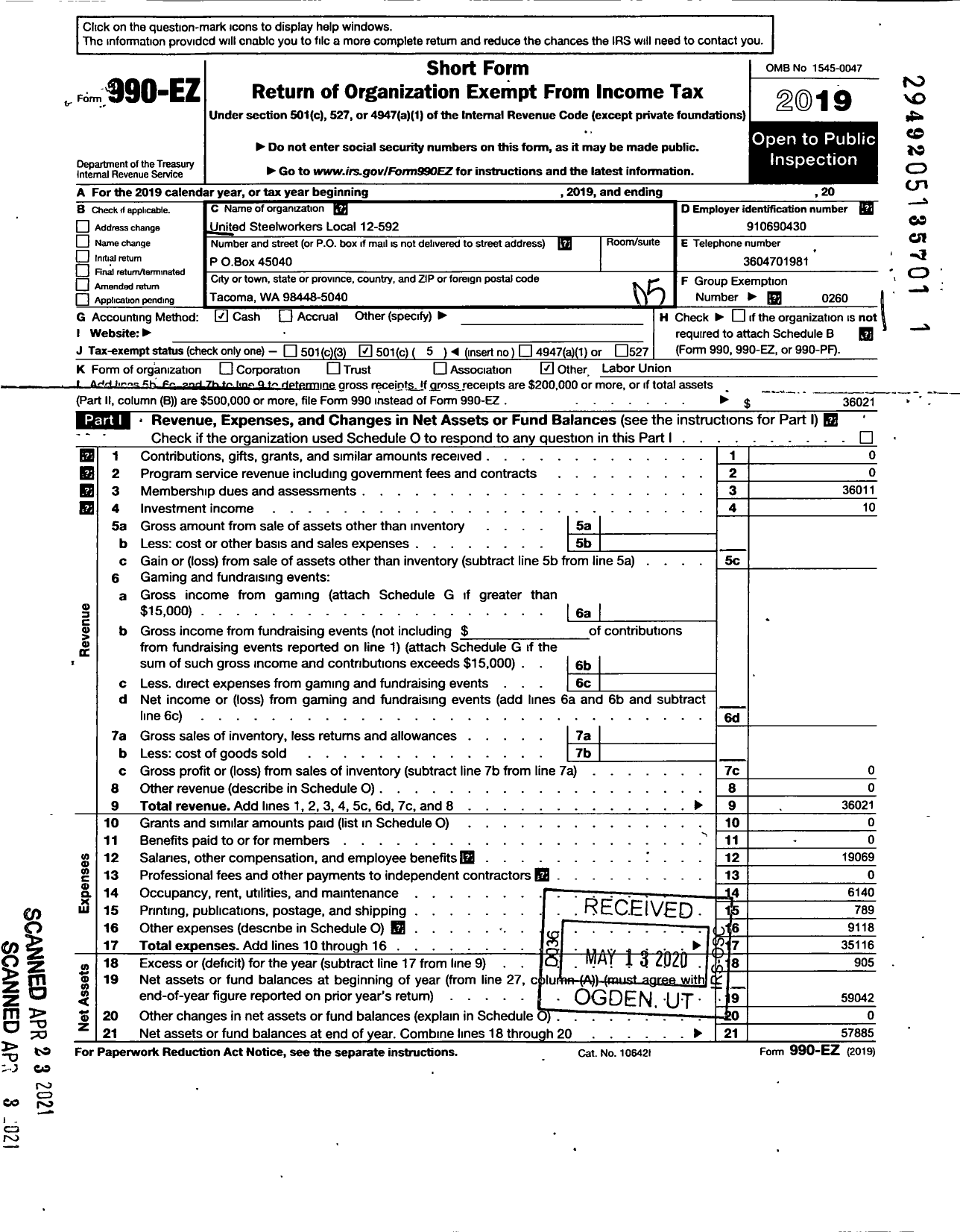 Image of first page of 2019 Form 990EO for United Steelworkers - 00592 Local