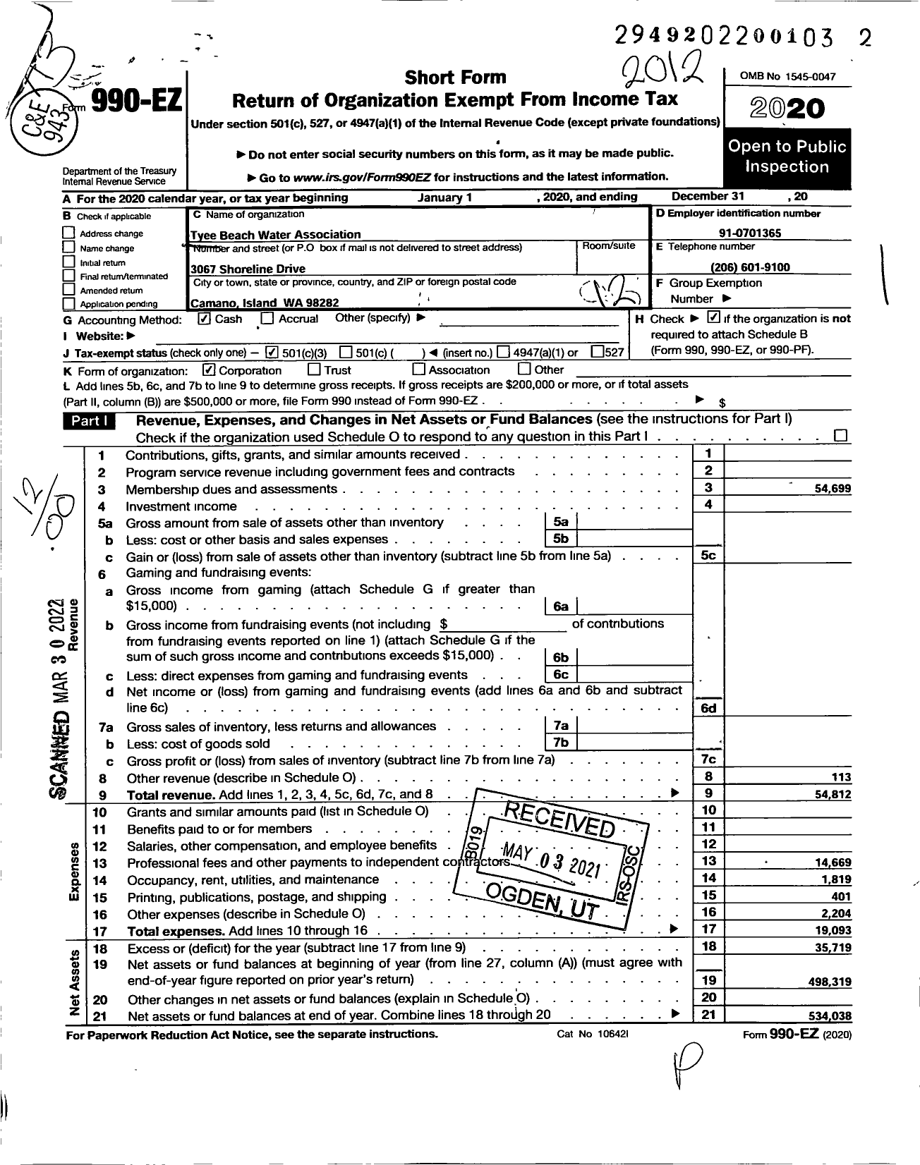 Image of first page of 2020 Form 990EO for Tyee Beach Water Association