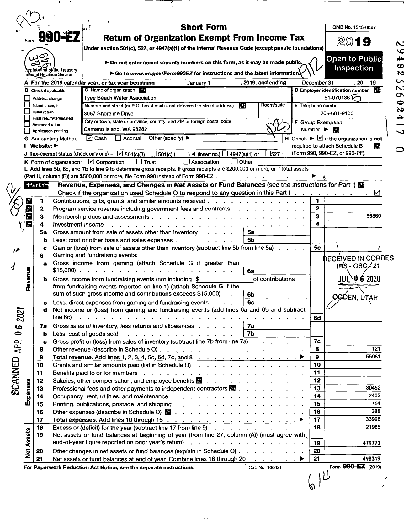 Image of first page of 2019 Form 990EO for Tyee Beach Water Association