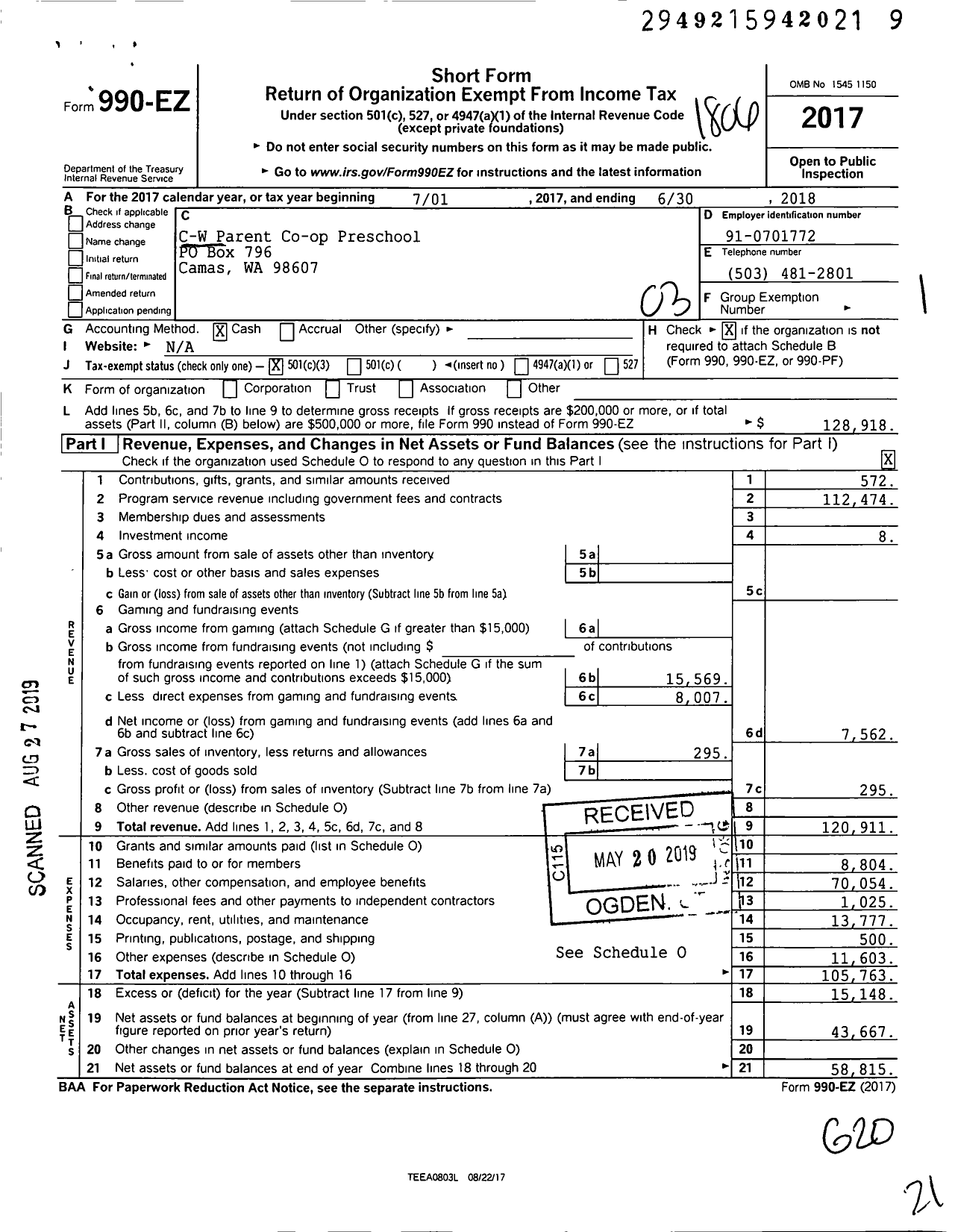 Image of first page of 2017 Form 990EZ for C-W Parent Co-op Preschool