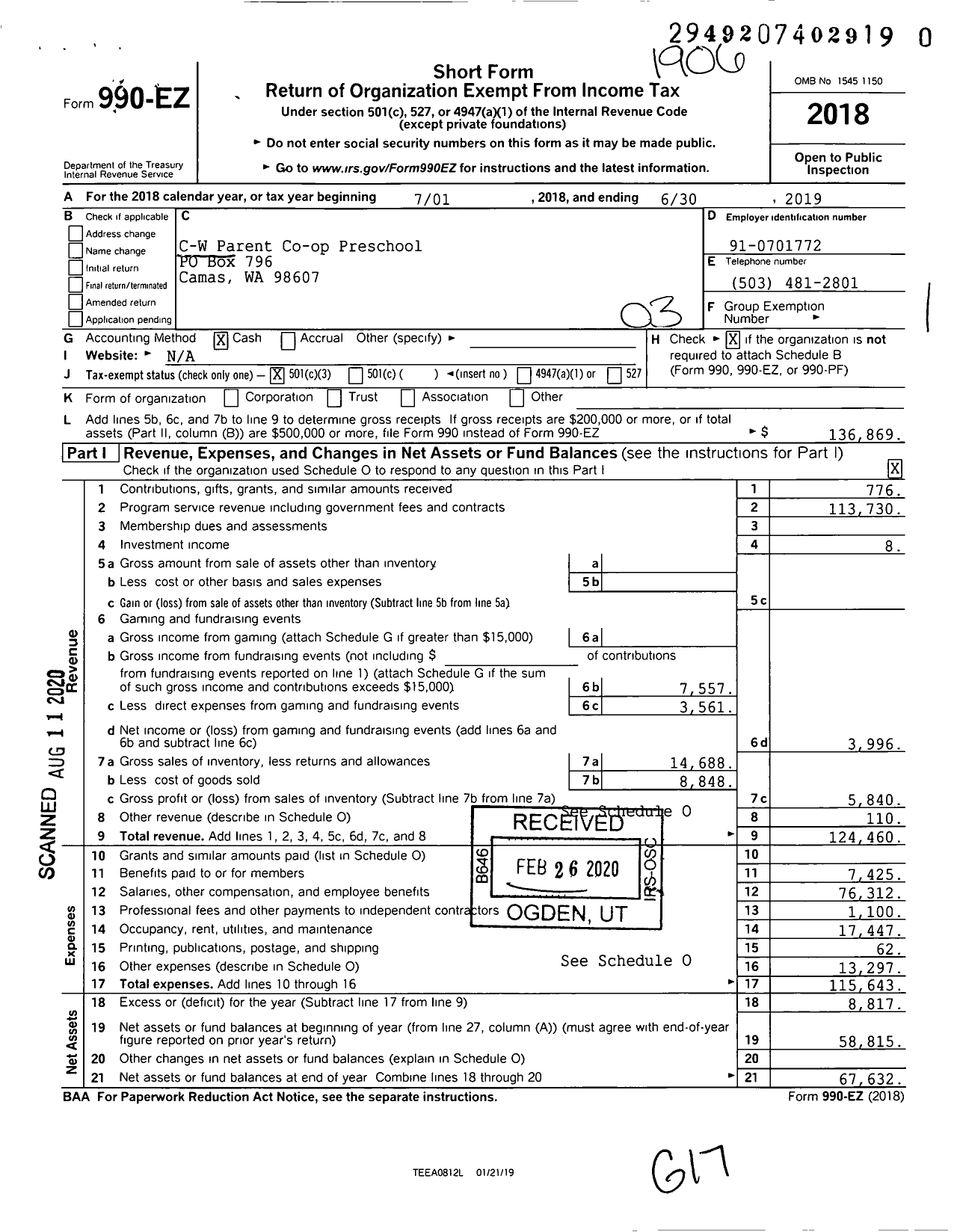 Image of first page of 2018 Form 990EZ for C-W Parent Co-op Preschool