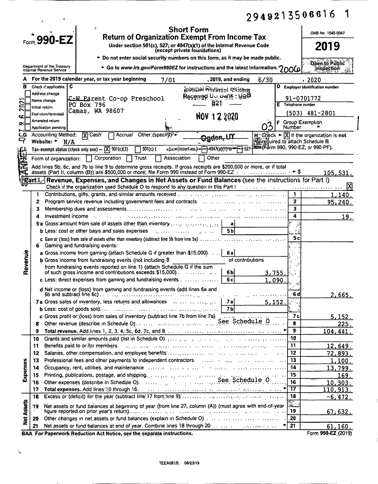 Image of first page of 2019 Form 990EZ for C-W Parent Co-op Preschool