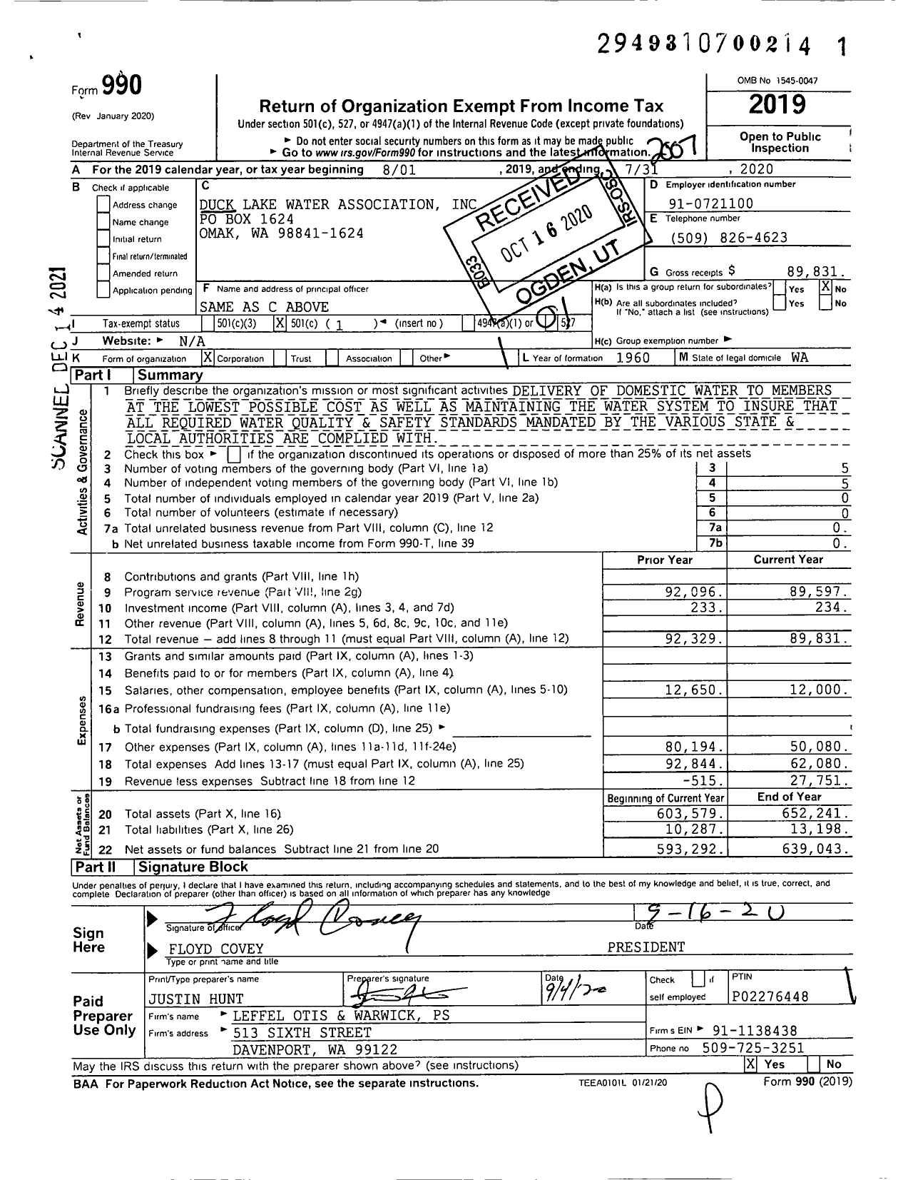 Image of first page of 2019 Form 990O for Duck Lake Water Association