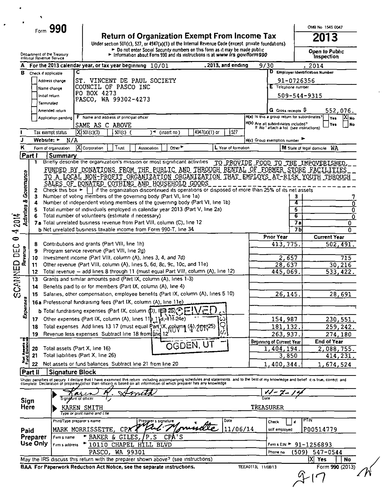 Image of first page of 2013 Form 990 for Society of ST. Vincent de Paul - Council of Pasco