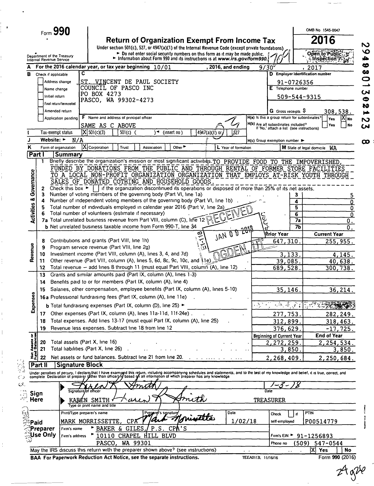 Image of first page of 2016 Form 990 for Society of ST. Vincent de Paul - Council of Pasco