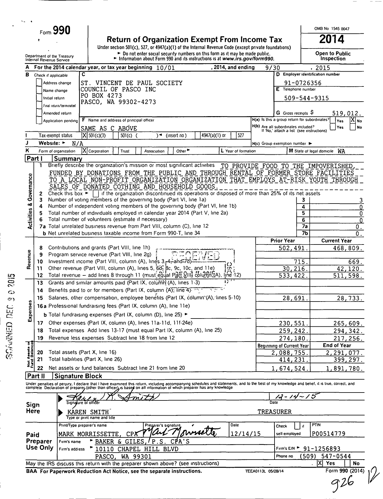 Image of first page of 2014 Form 990 for Society of ST. Vincent de Paul - Council of Pasco