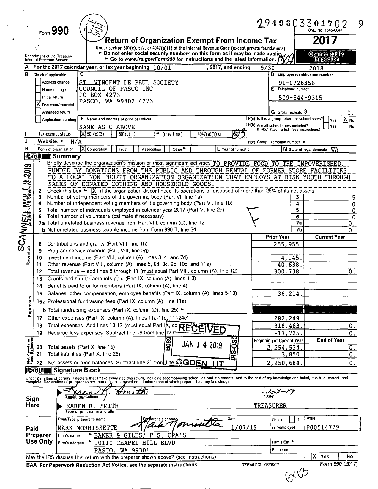 Image of first page of 2017 Form 990 for Society of ST. Vincent de Paul - Council of Pasco