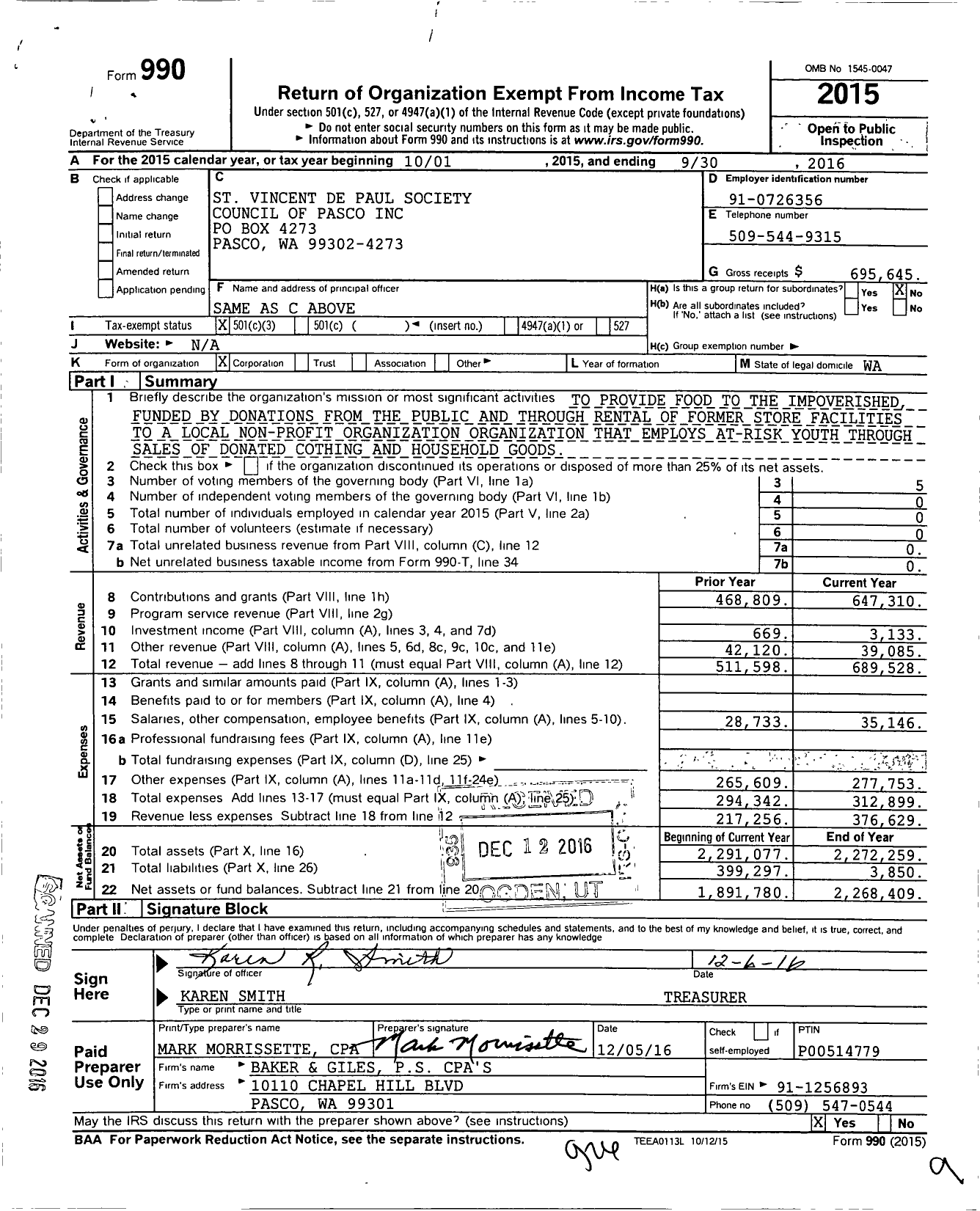 Image of first page of 2015 Form 990 for Society of ST. Vincent de Paul - Council of Pasco