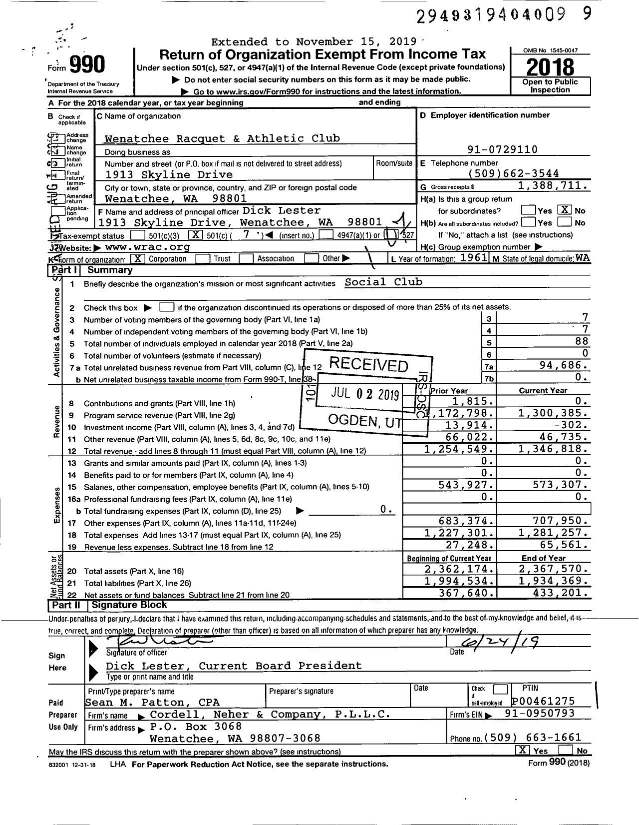 Image of first page of 2018 Form 990O for Wenatchee Racquet and Athletic Club