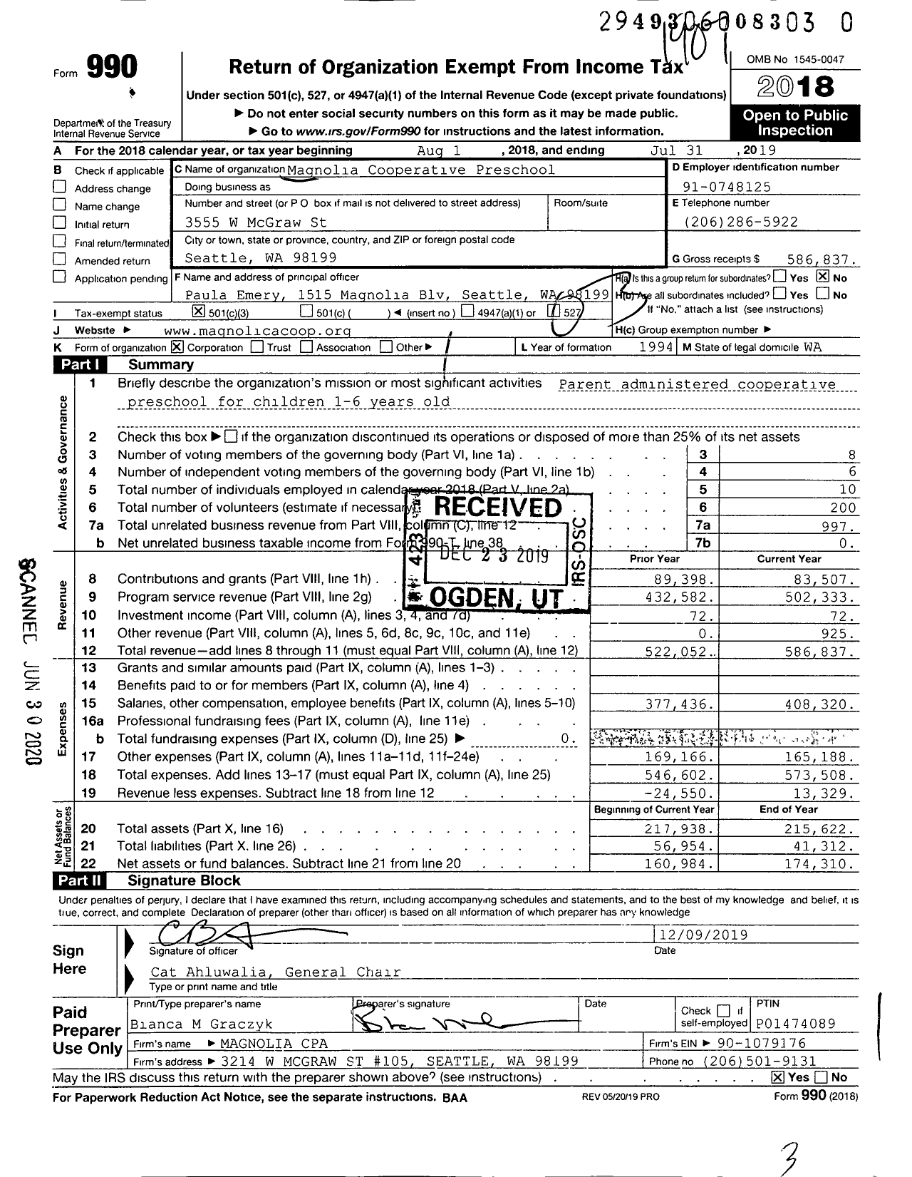 Image of first page of 2018 Form 990 for Magnolia Preschool