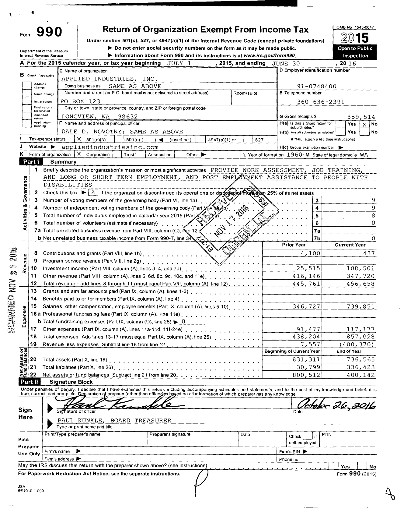 Image of first page of 2015 Form 990 for Applied Industries