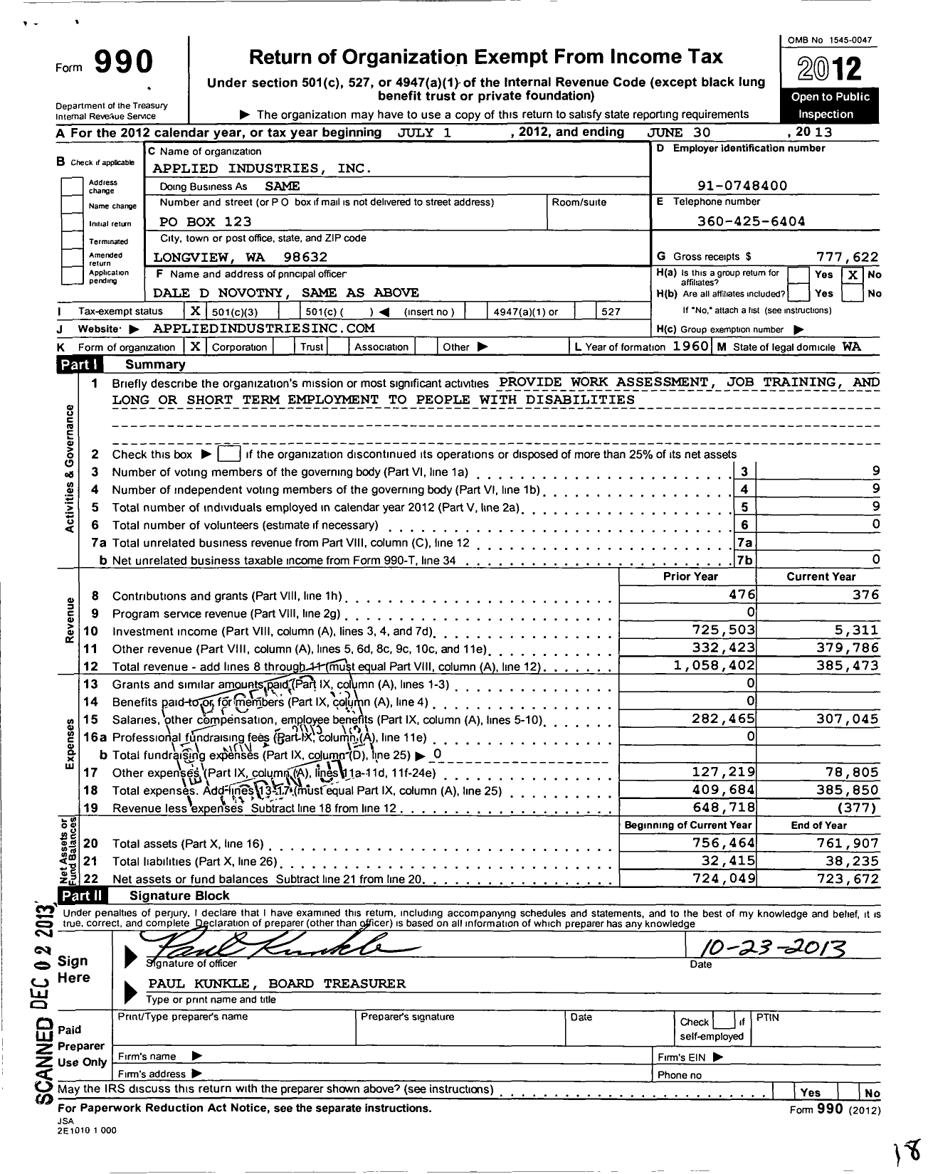 Image of first page of 2012 Form 990 for Applied Industries