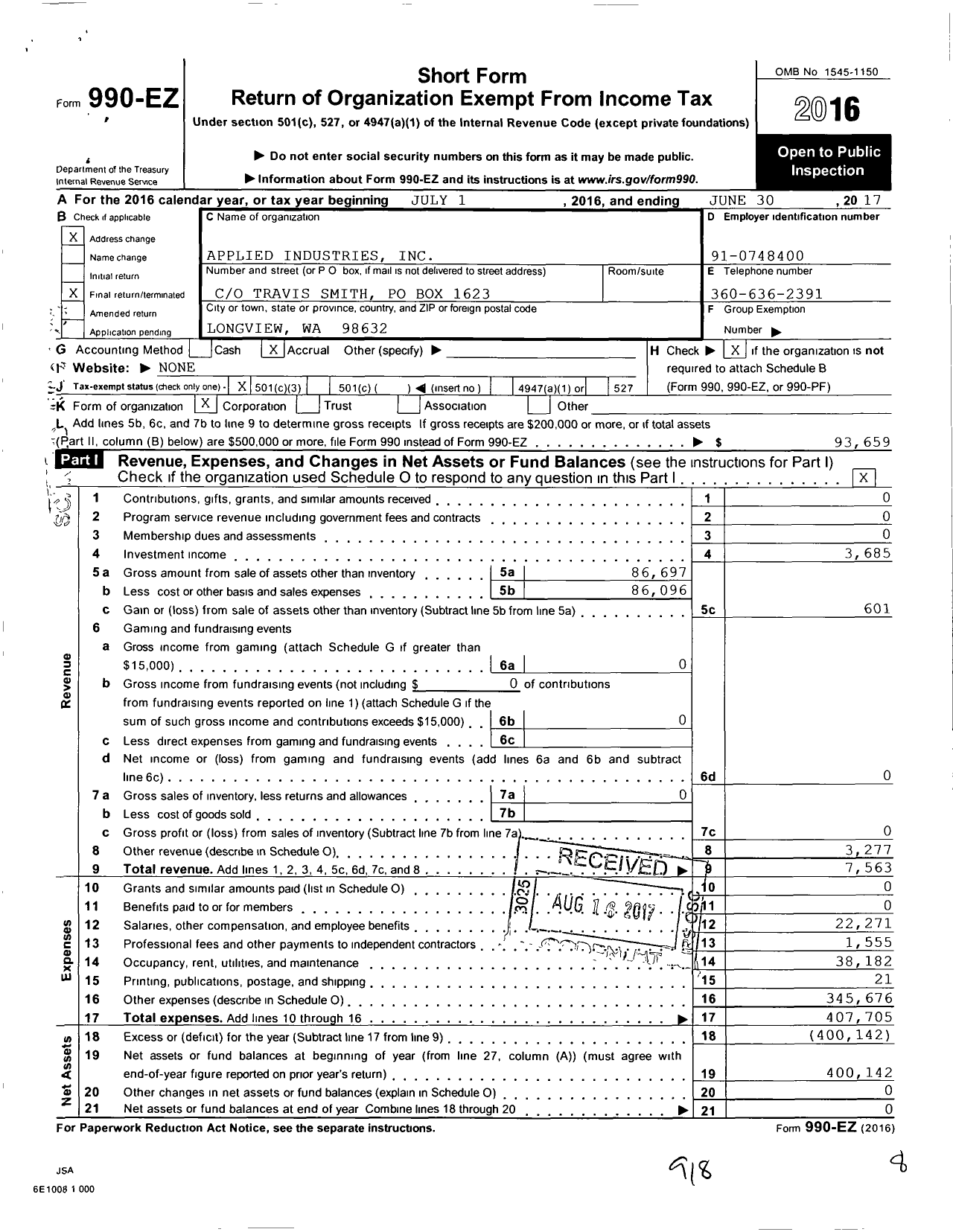 Image of first page of 2016 Form 990EZ for Applied Industries