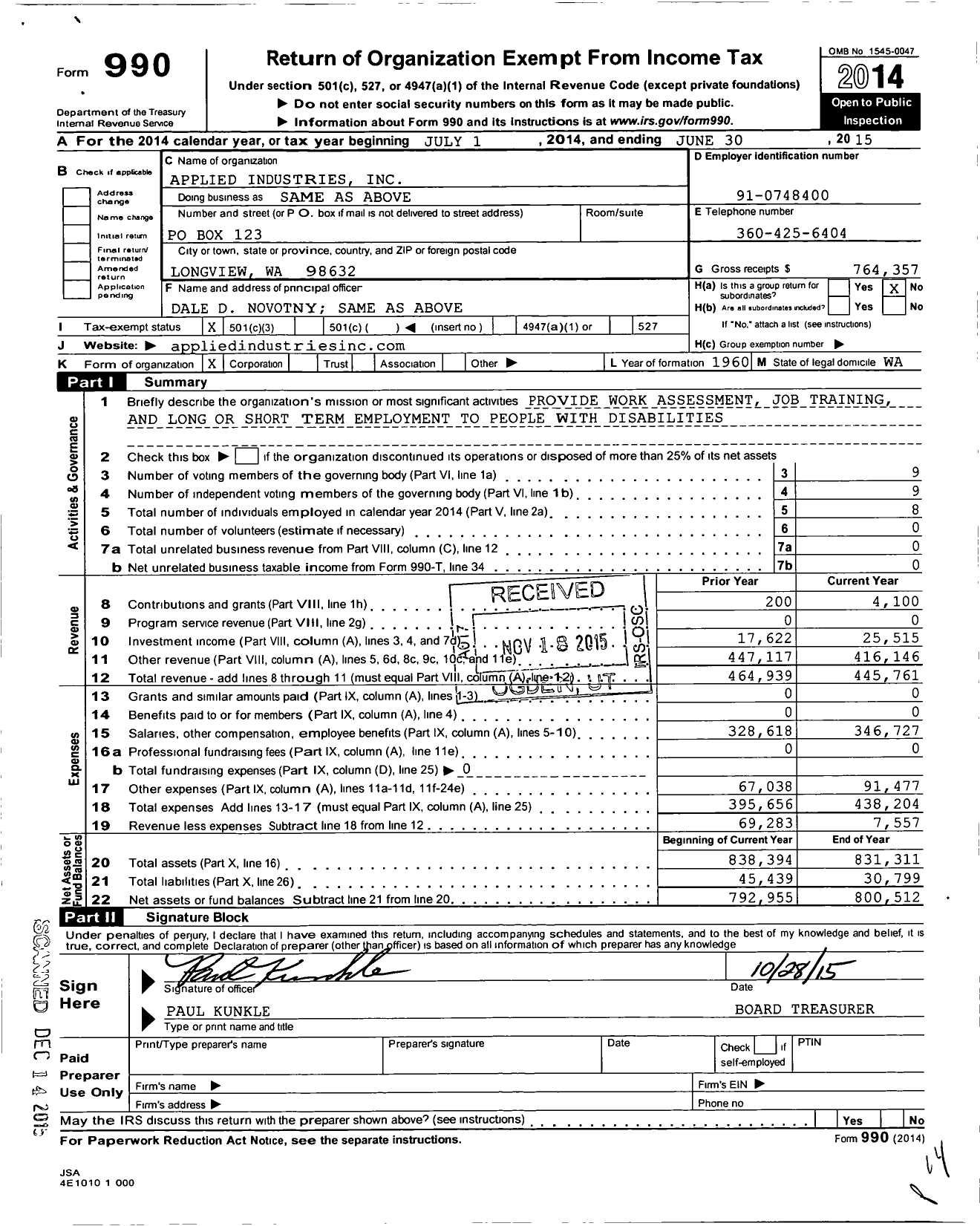 Image of first page of 2014 Form 990 for Applied Industries