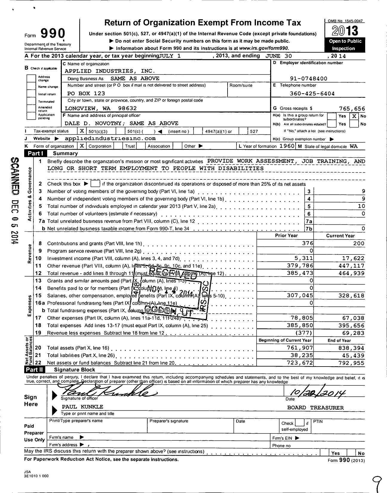 Image of first page of 2013 Form 990 for Applied Industries