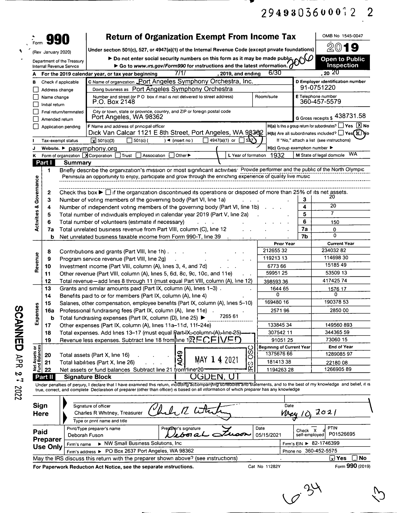 Image of first page of 2019 Form 990 for Port Angeles Symphony Orchestra