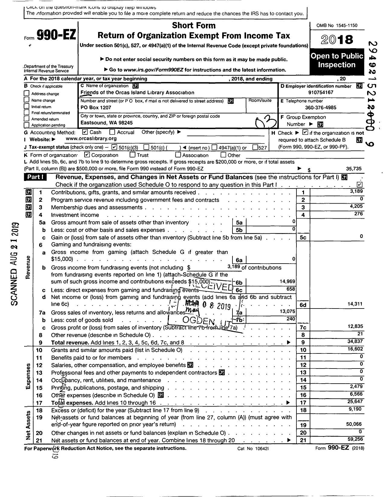 Image of first page of 2018 Form 990EZ for Friends of Orcas Island Library