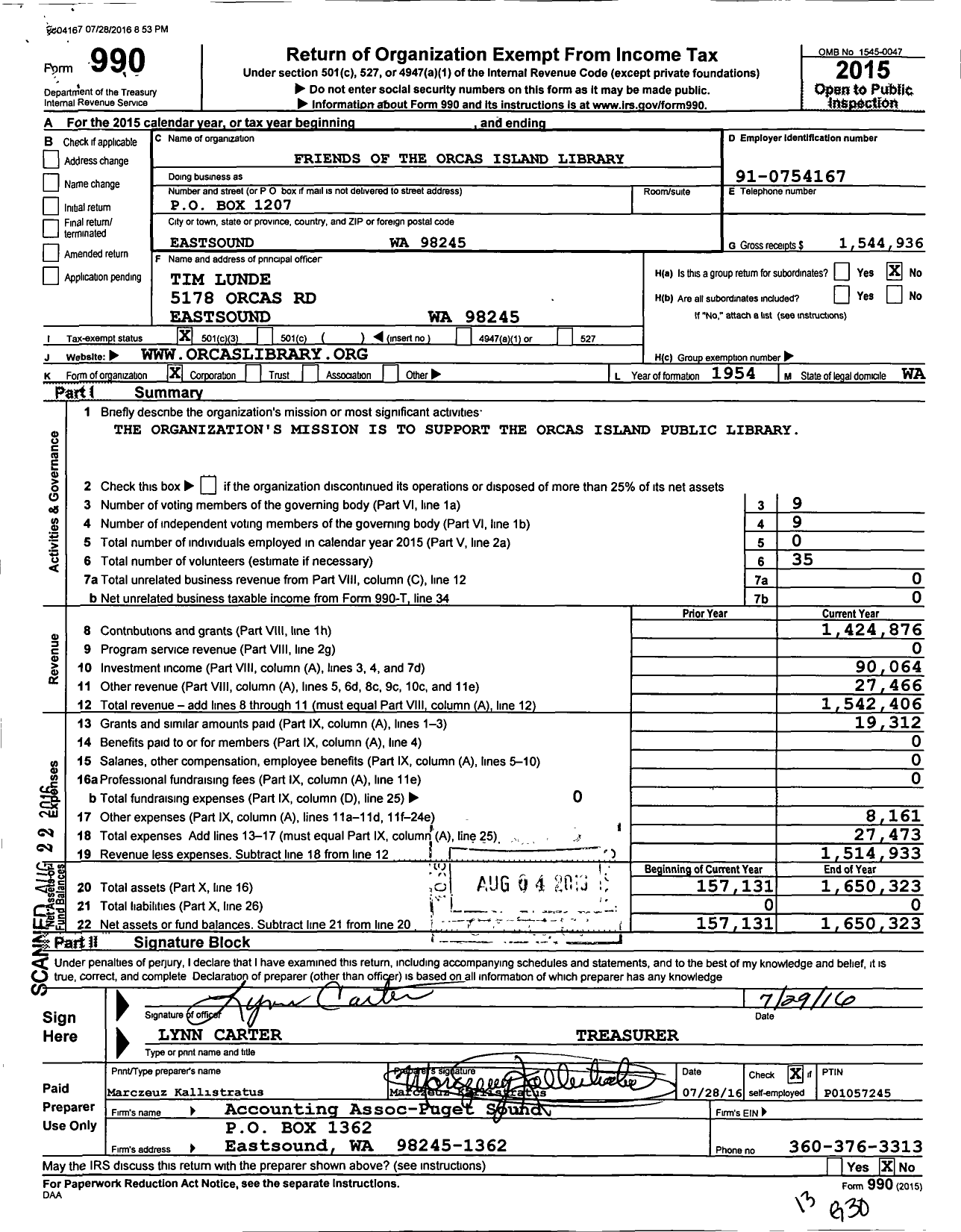 Image of first page of 2015 Form 990 for Friends of Orcas Island Library