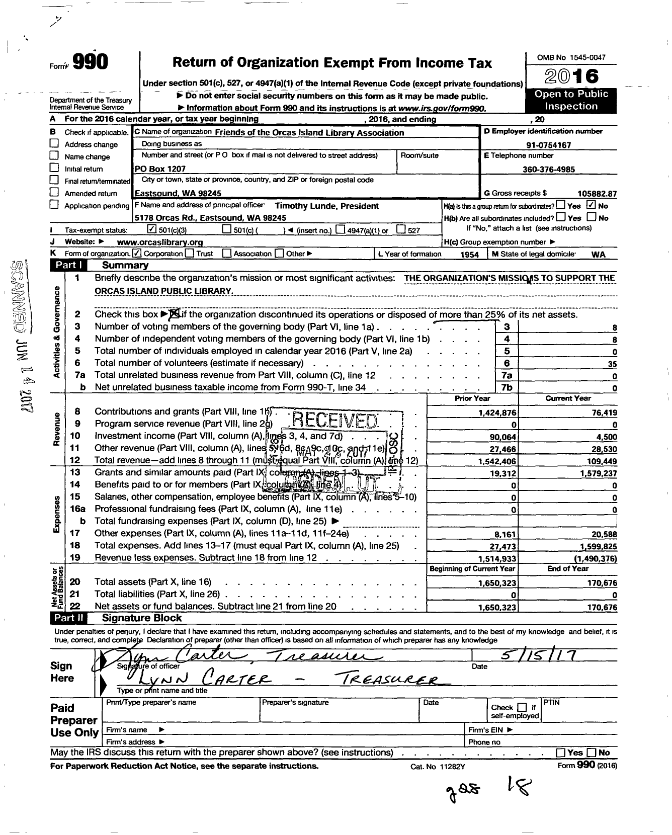 Image of first page of 2016 Form 990 for Friends of Orcas Island Library