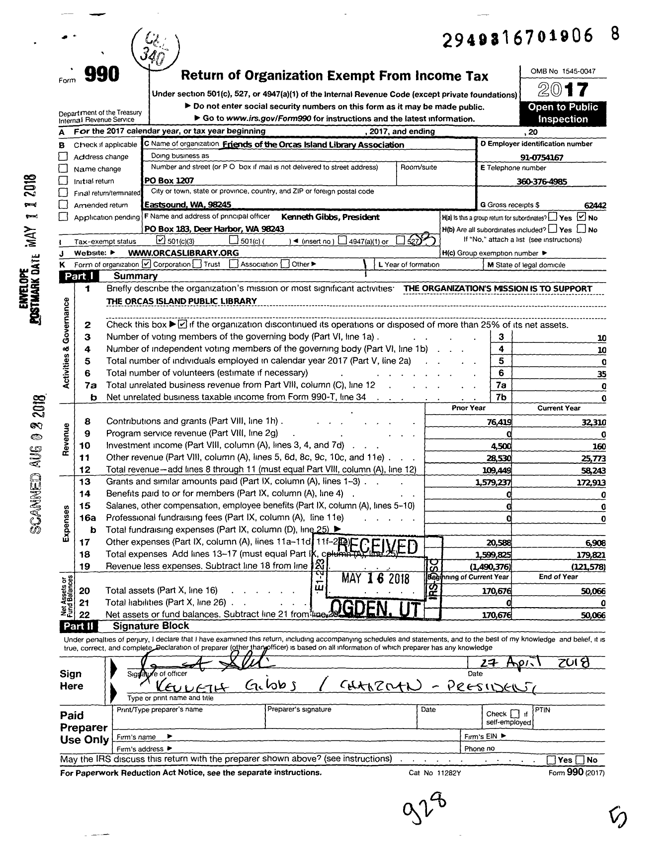 Image of first page of 2017 Form 990 for Friends of Orcas Island Library