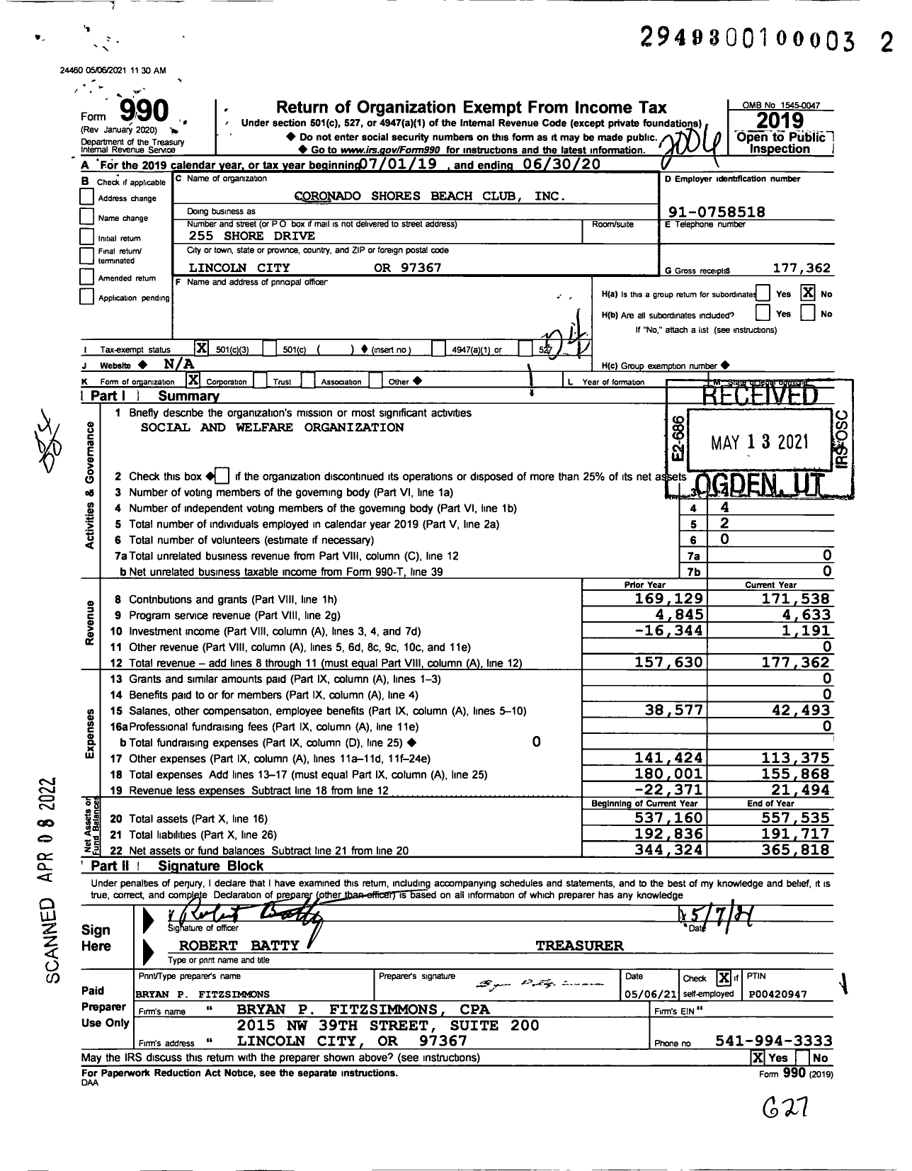 Image of first page of 2019 Form 990O for Coronado Shores Beach Club