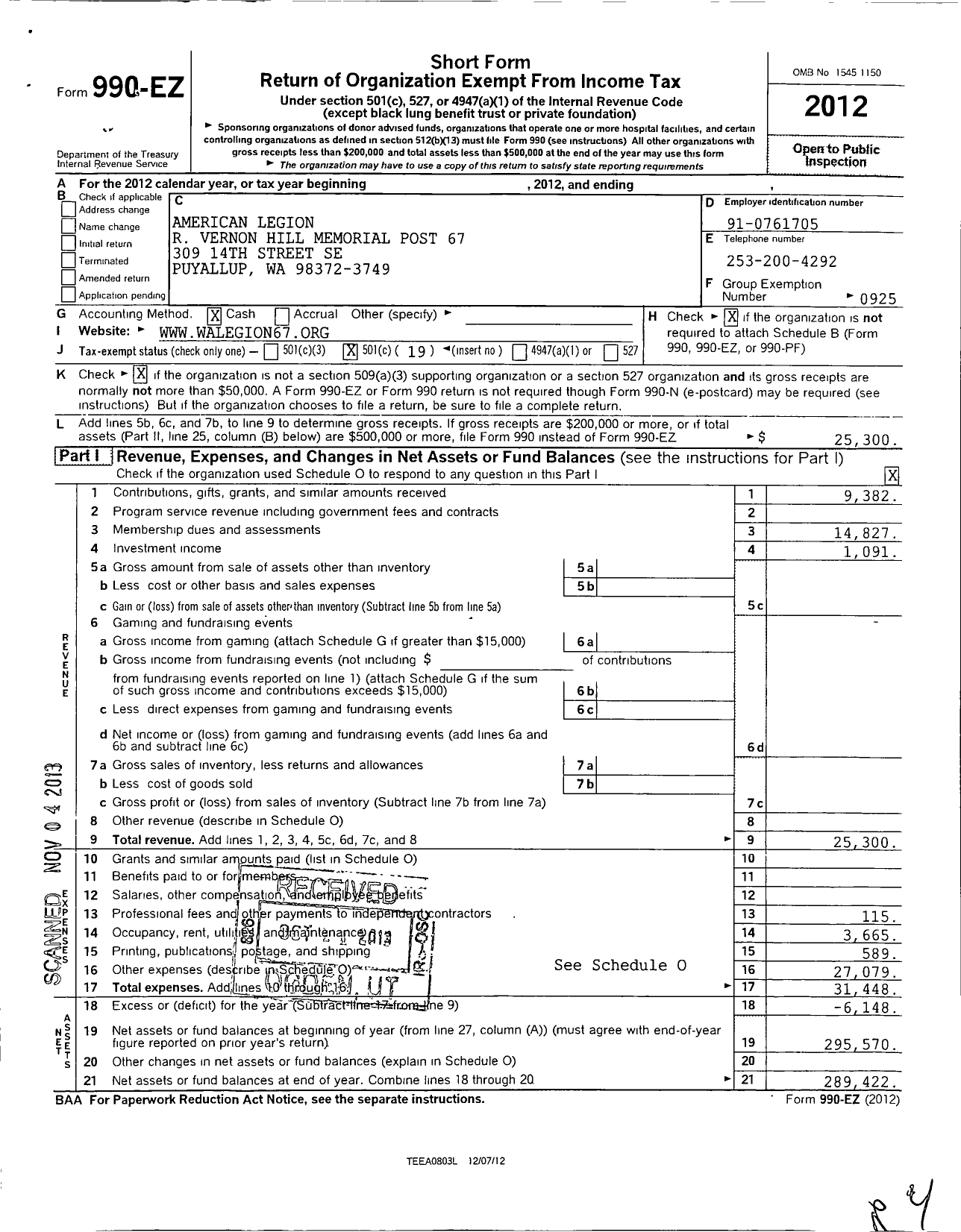 Image of first page of 2012 Form 990EO for American Legion R Vernon Hill Memorial Post No 67