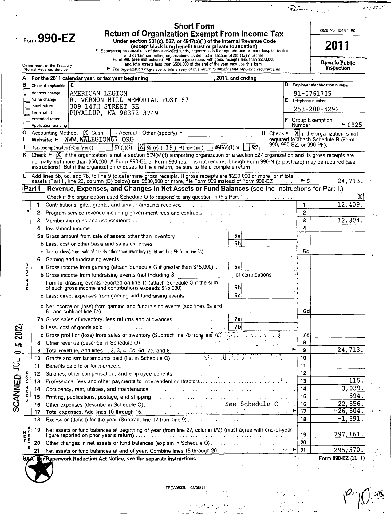 Image of first page of 2011 Form 990EO for American Legion R Vernon Hill Memorial Post No 67