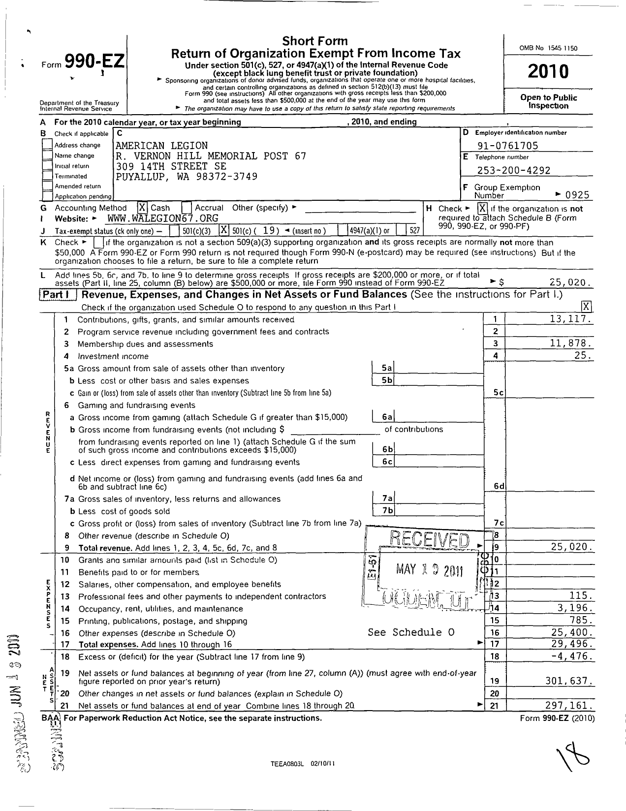 Image of first page of 2010 Form 990EO for American Legion R Vernon Hill Memorial Post No 67