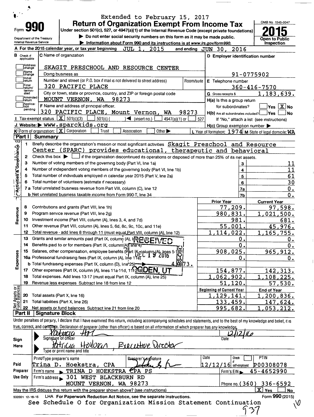Image of first page of 2015 Form 990 for Skagit Preschool and Resource Center