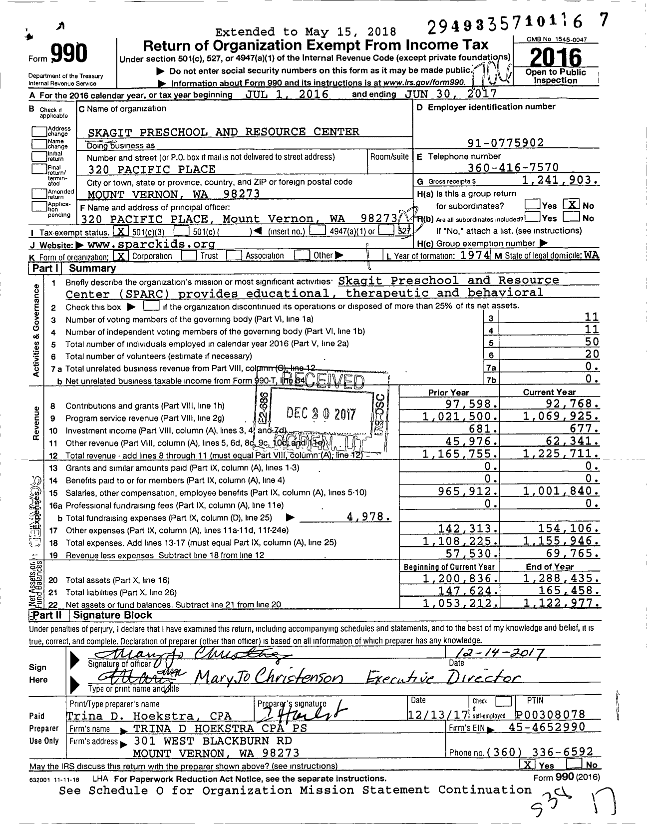 Image of first page of 2016 Form 990 for Skagit Preschool and Resource Center