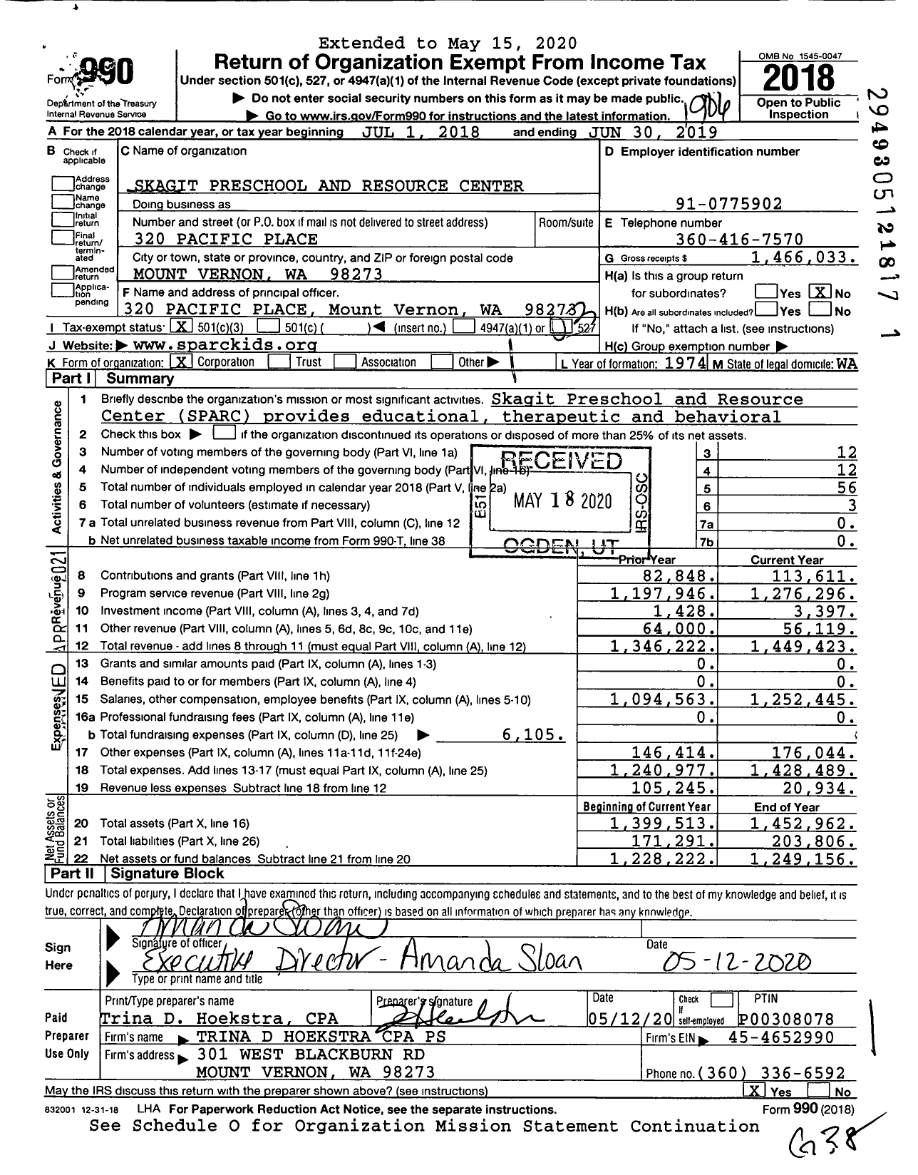 Image of first page of 2018 Form 990 for Skagit Preschool and Resource Center