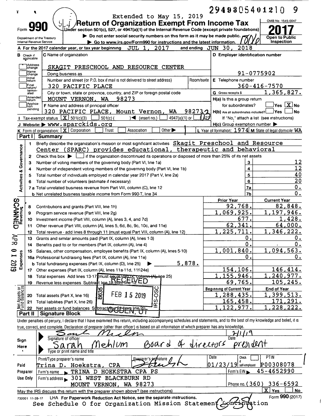 Image of first page of 2017 Form 990 for Skagit Preschool and Resource Center