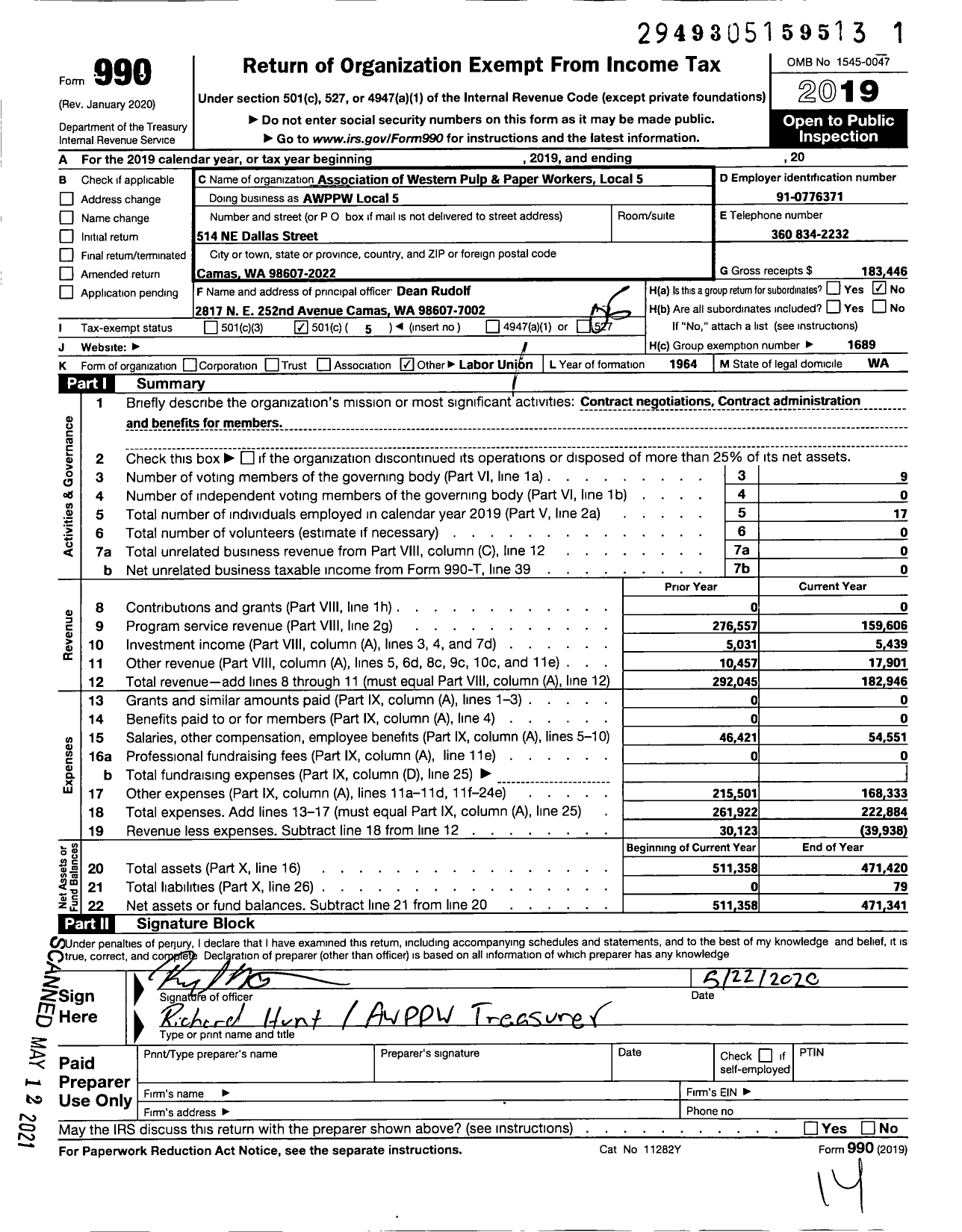 Image of first page of 2019 Form 990O for Association of Western Pulp and Paper Workers - 05