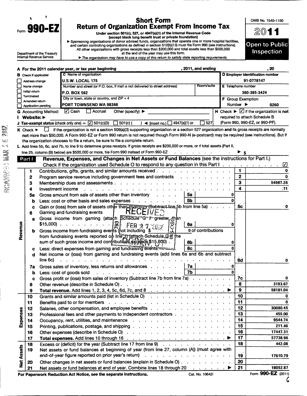 Image of first page of 2011 Form 990EZ for U S W Local 175