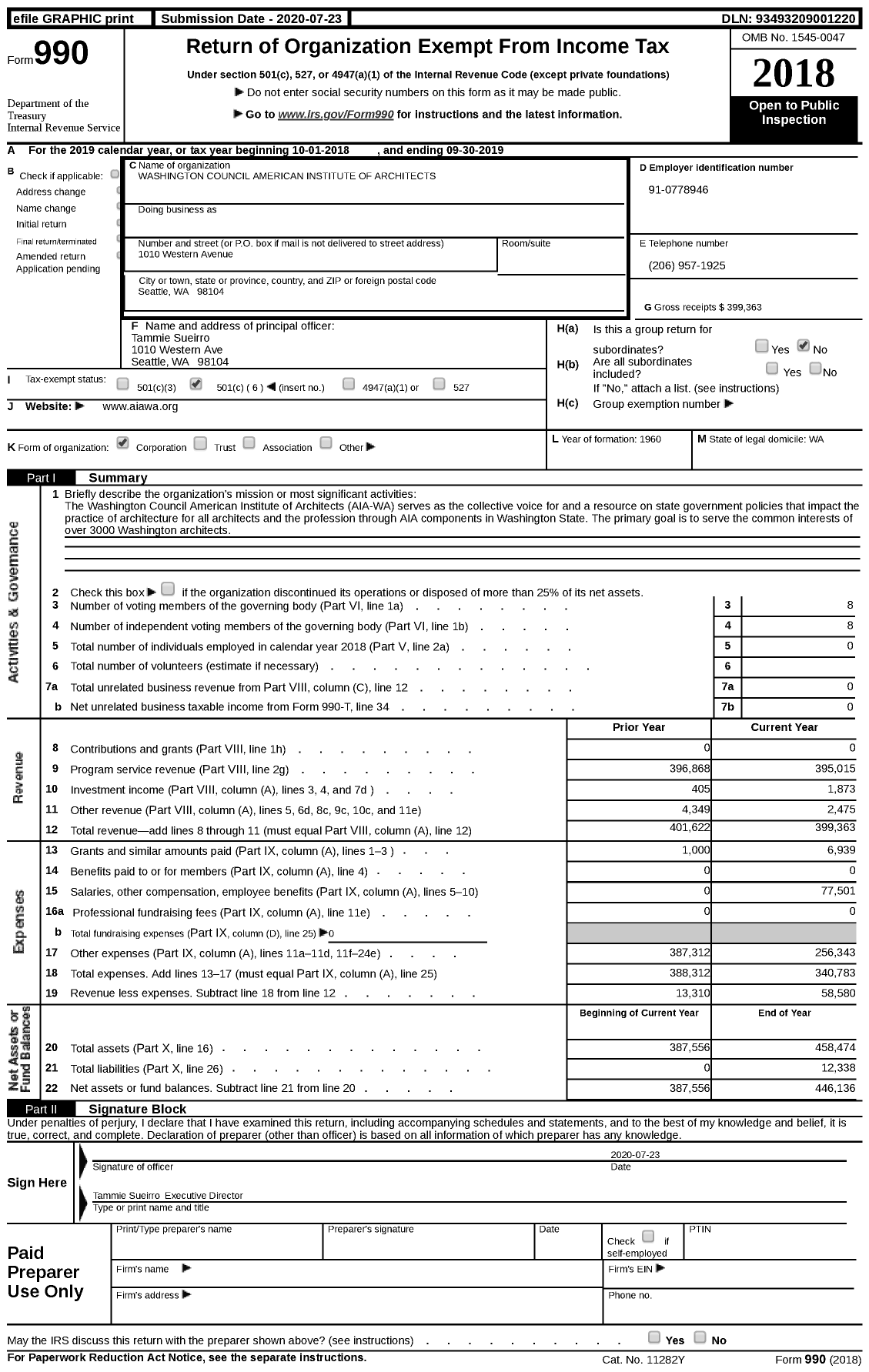 Image of first page of 2018 Form 990 for Washington Council American Institute of Architects