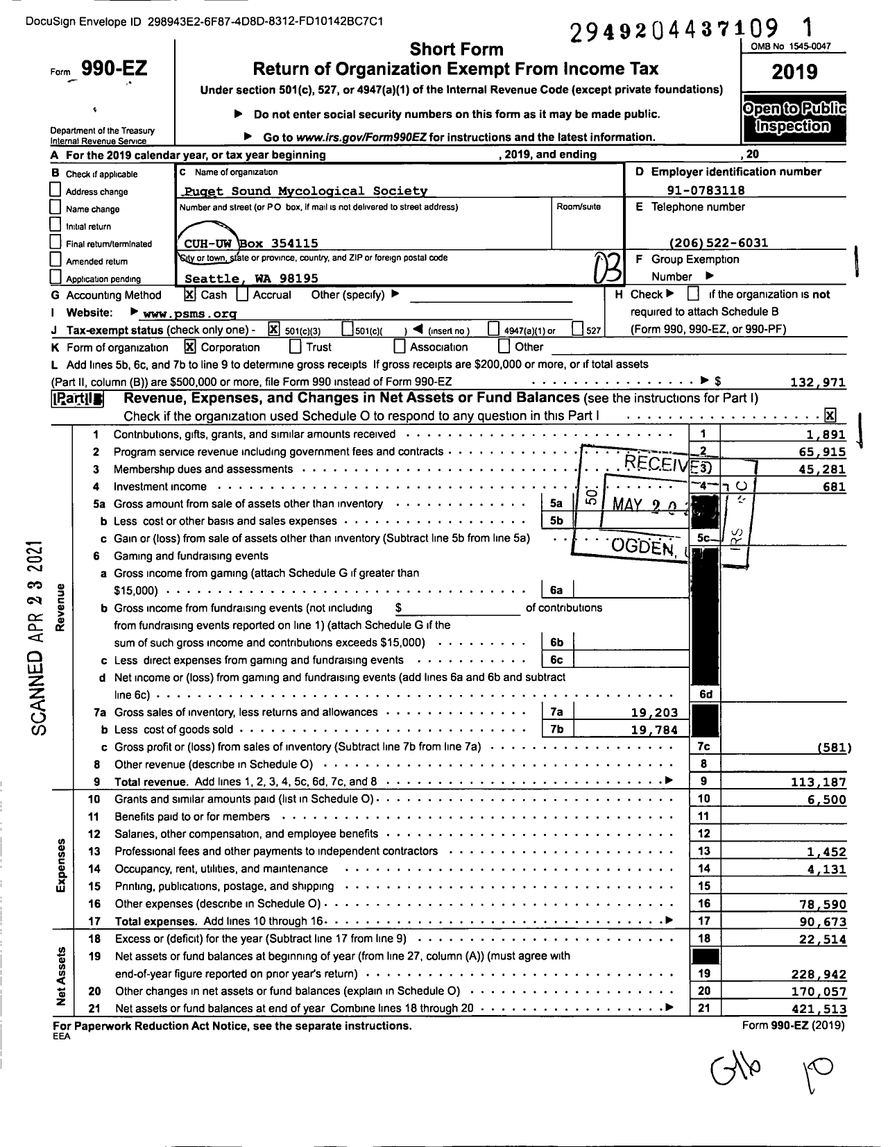 Image of first page of 2019 Form 990EZ for Puget Sound Mycological Society