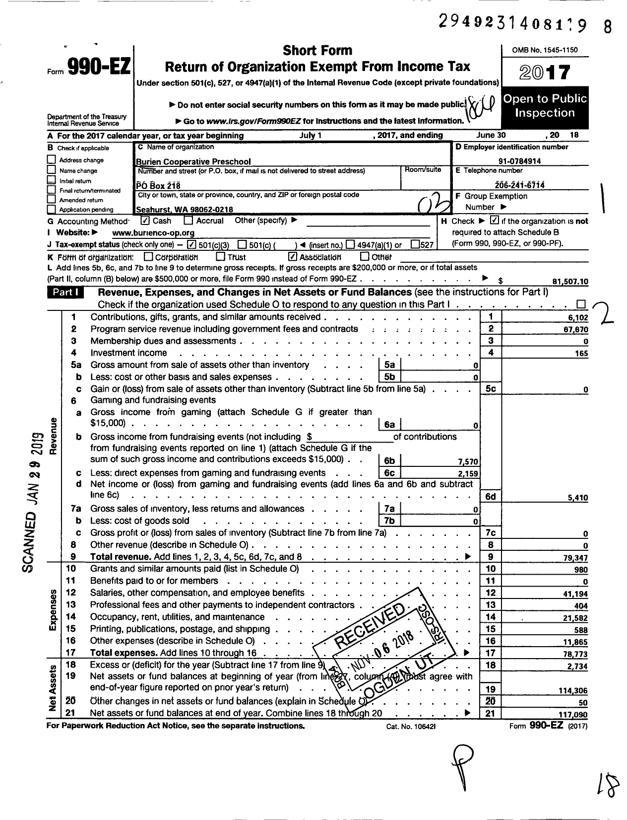 Image of first page of 2017 Form 990EZ for Burien Co-Operative Preschool