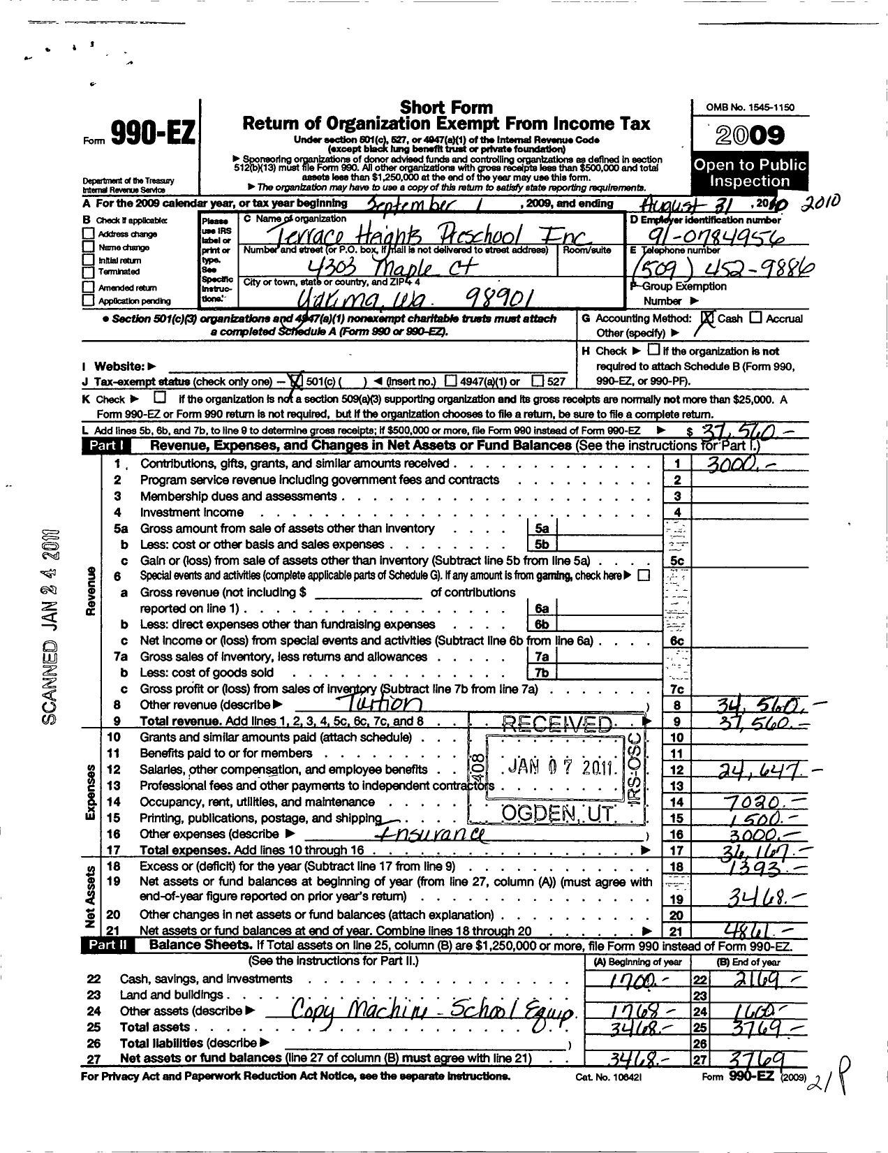 Image of first page of 2009 Form 990EO for Terrace Heights Preschool